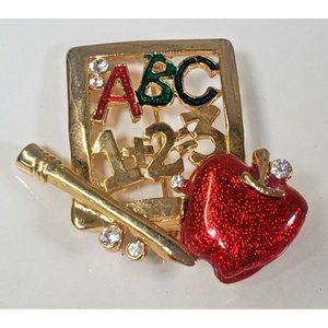 Brooch Gold Tone Enamel Crystal Teacher Apple Pin Back To School Jewelry